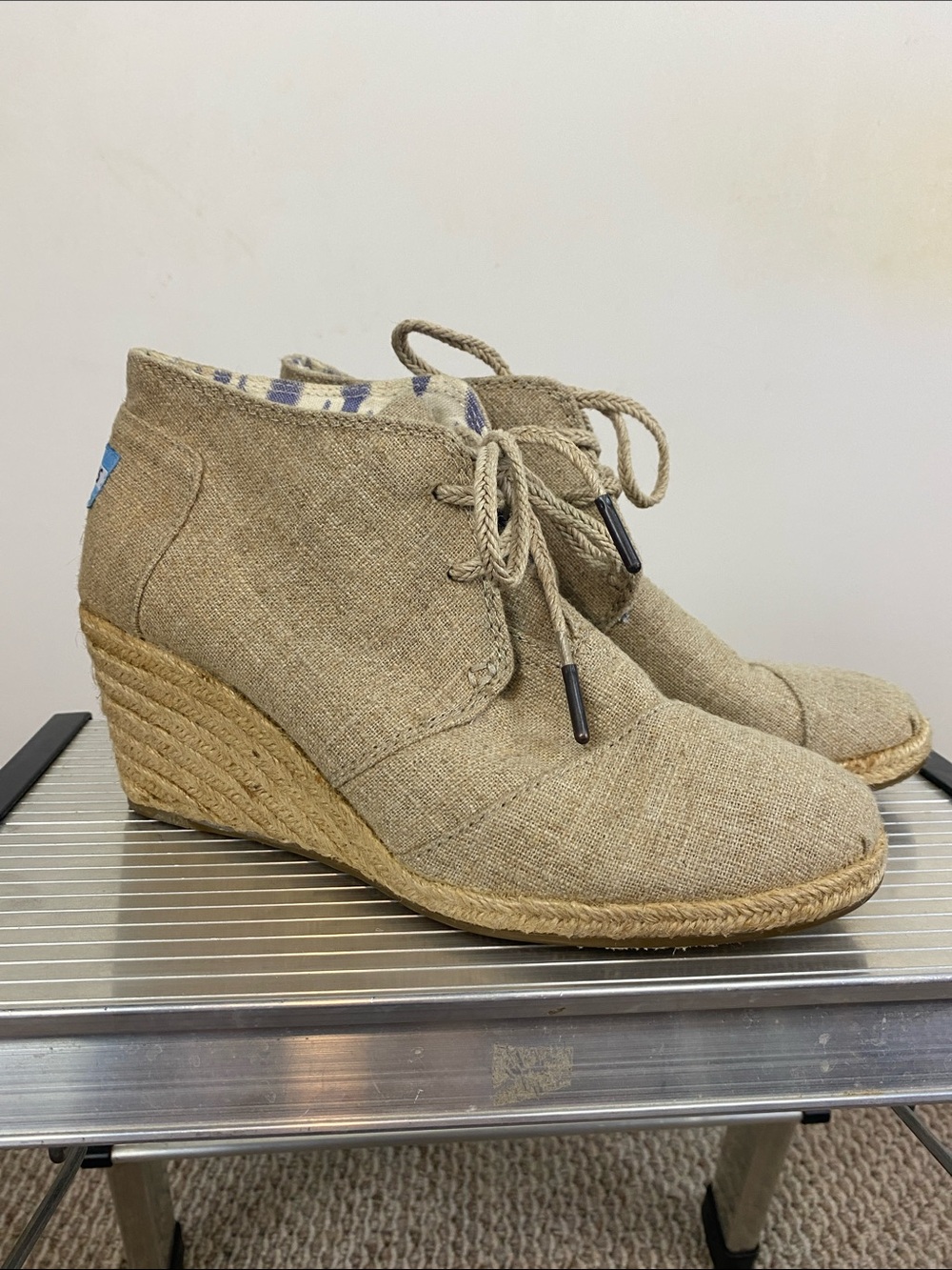 Toms Natural Linen Espadrille Wedge Lace-Up Ankle Booties